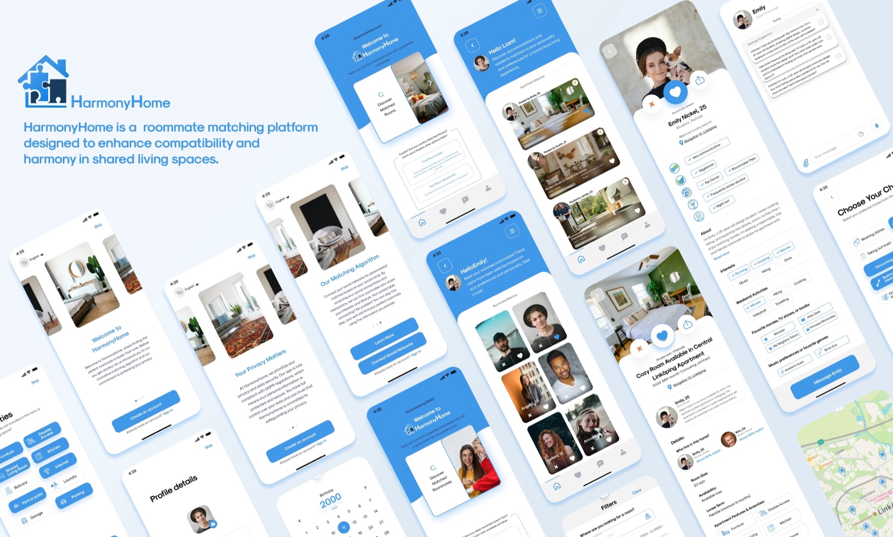 HarmonyHome roommate matching application screens