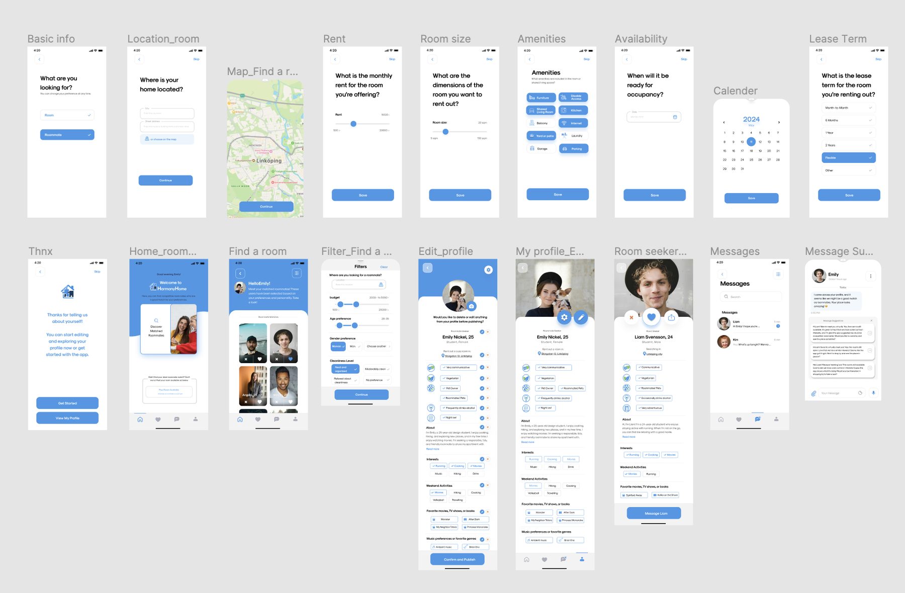 HarmonyHome roommate search wireframes