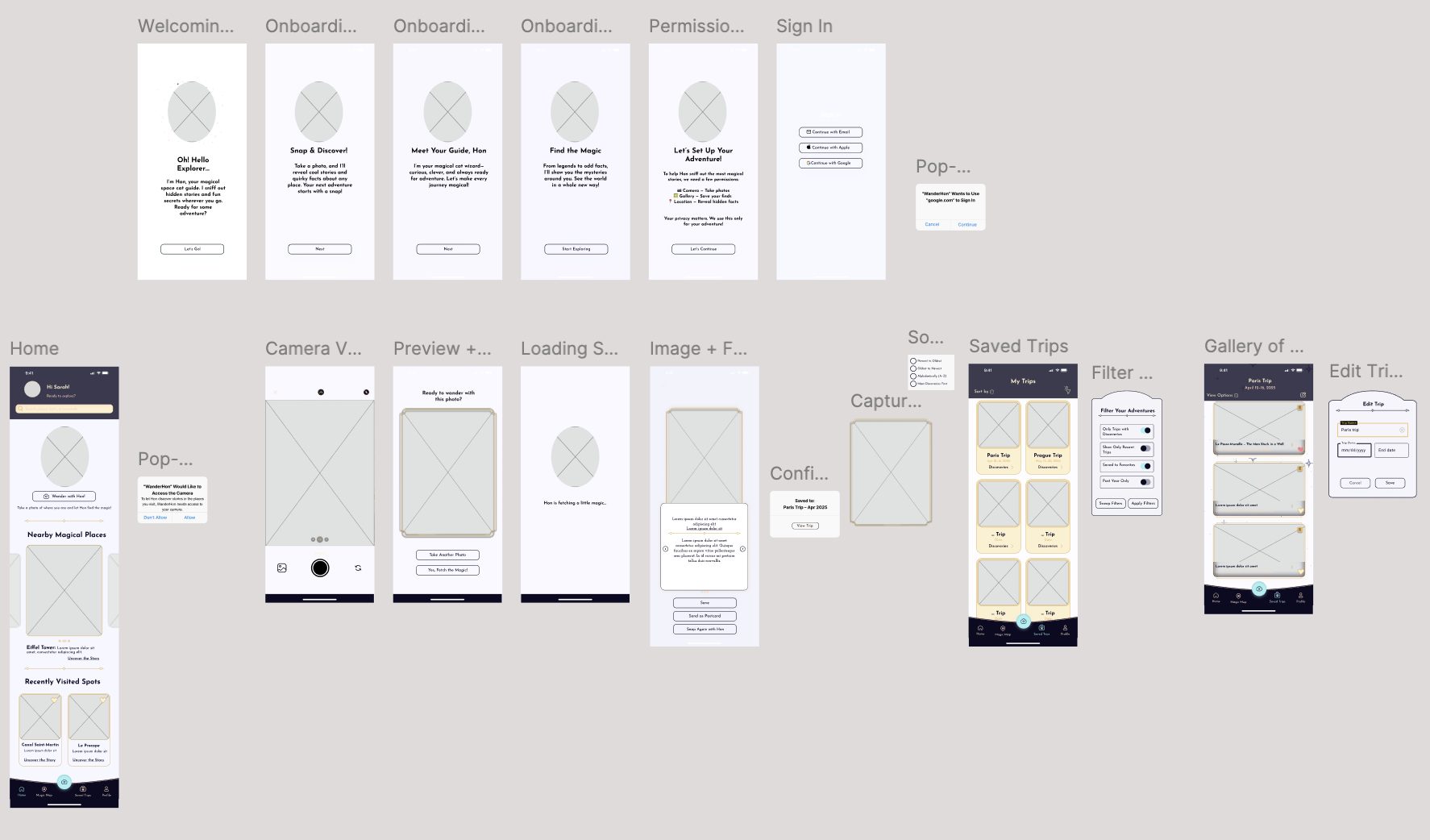WanderHon mid-fidelity wireframes
